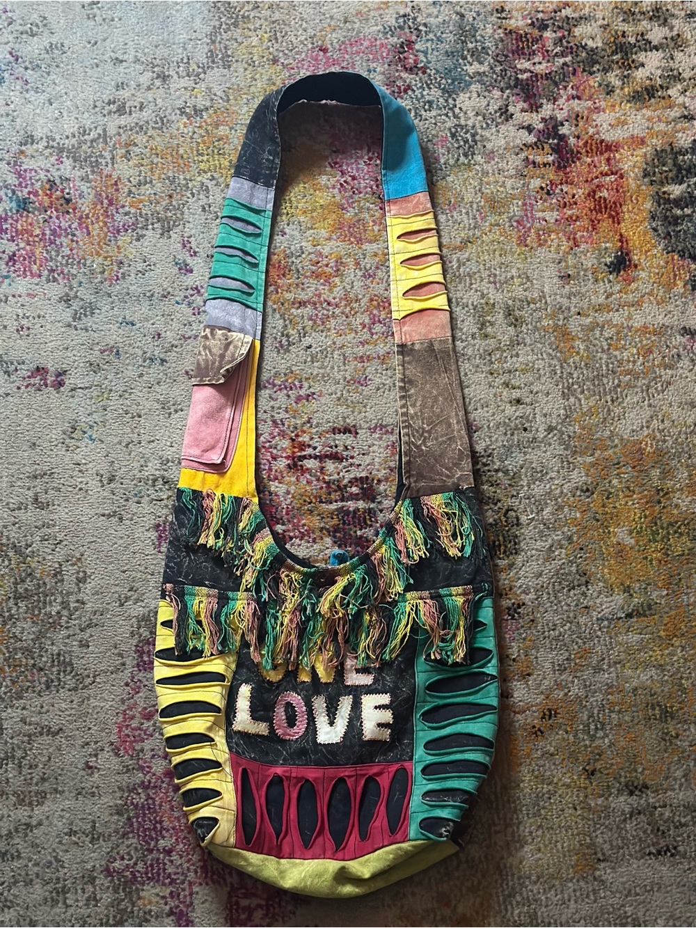 India Boutique Bags | Bohemian Red Gold Green 'ONE LOVE' Fringe Crossbody Bag